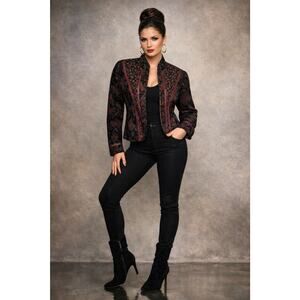 Vintage 80s Tapestry Jacket Open Front Paisley Floral Black Boho Fitted M